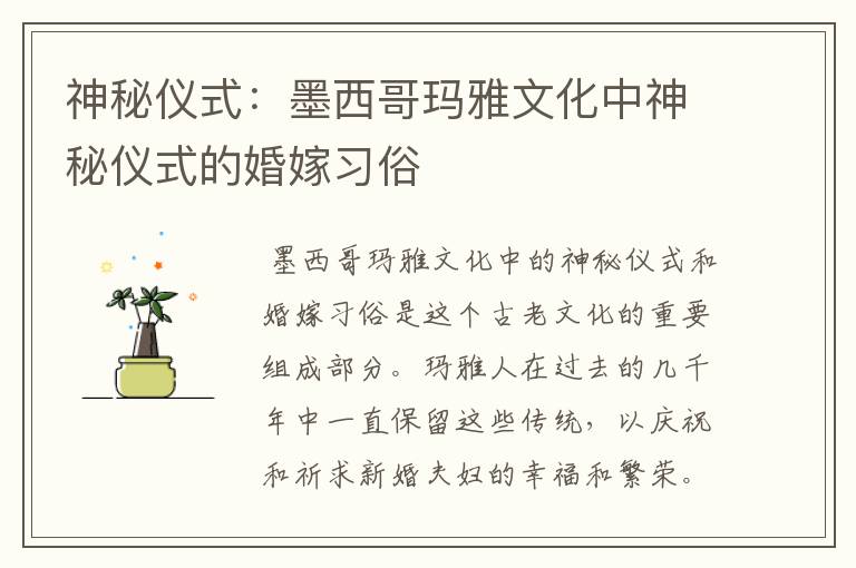 神秘仪式：墨西哥玛雅文化中神秘仪式的婚嫁习俗
